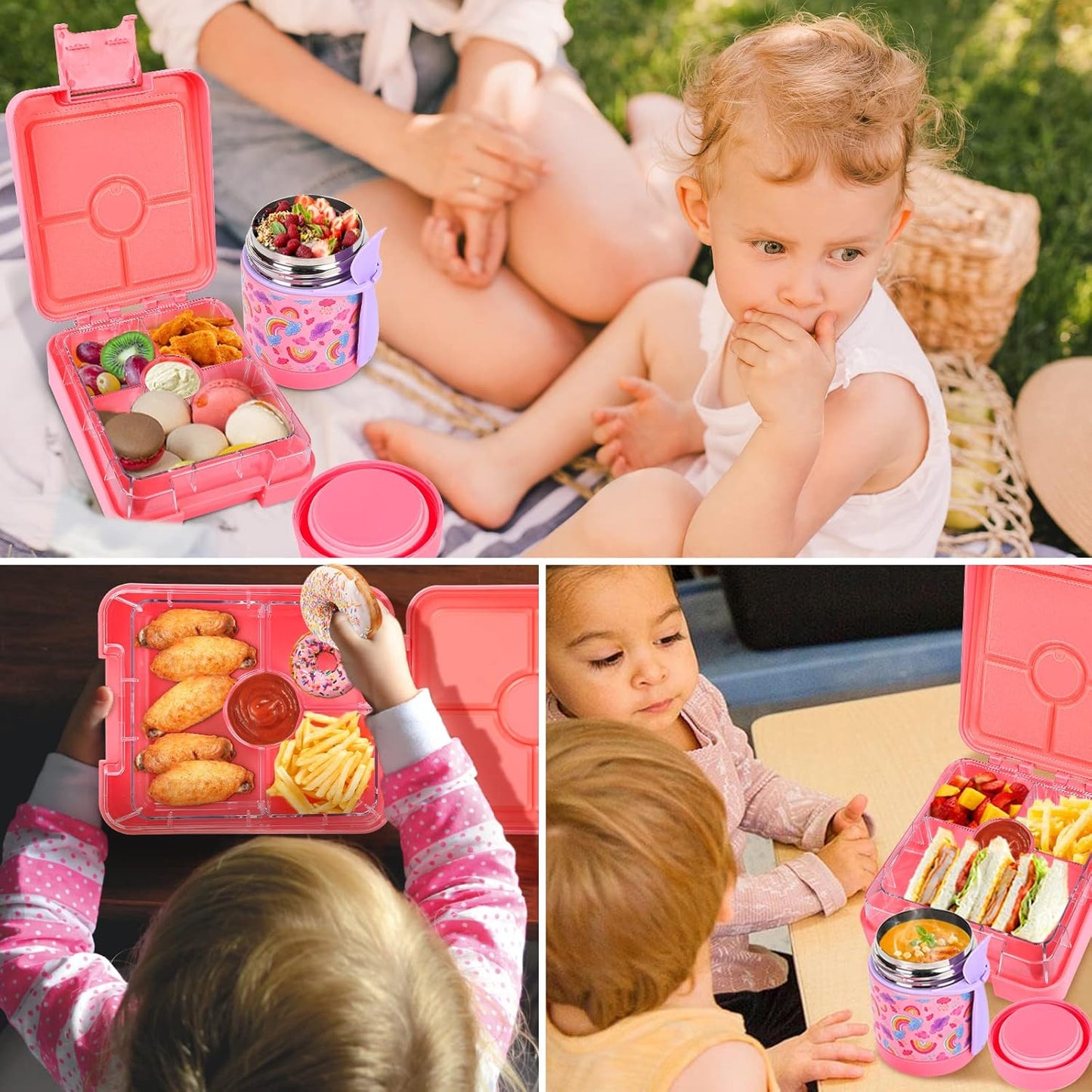 Bento Lunch Box Set for Kids with 10oz Soup Thermo, Leak-Proof Lunch Containers with 4 Compartment, Kids Thermo Hot Food Jar and Insulated Lunch Bag for Kid to School,BPA-Free(Dragon)