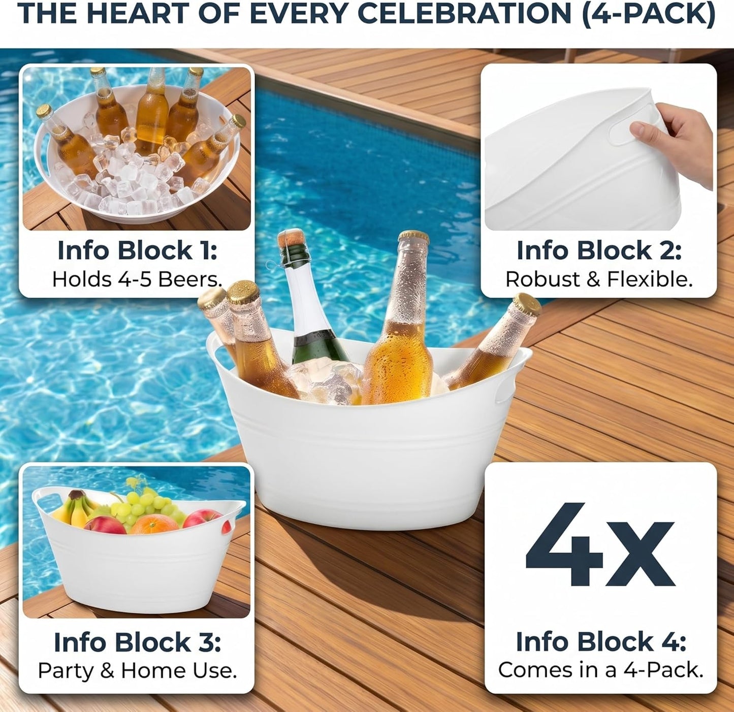 TOPZEA 4 Pack Oval Storage Tub, 4.5 Liter Plastic Wine Bucket Ice Bucket Beverage Tub Party Tub for Ice, Beer, Wine, Drink Cooler Bucket for Bar, Champagne Beverage Chiller Bin for Indoor Outdoor Use