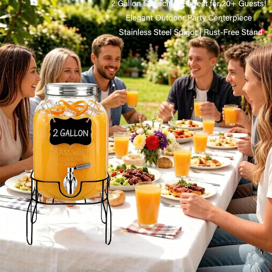 2 Gallon Glass Beverage/Drink Dispenser with Stand, Lid & Ice Core | Leakproof 18/8 Stainless Steel Spigot | Mason Jar Style for Party, Iced Tea, Outdoor & Home