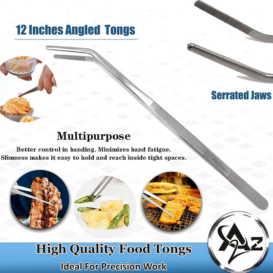 A2Z Fine Cooking Offset Tweezer & Angled Tong Set, Precision Serrated Tips, Stainless Steel Food Tongs, Professional Chef Tweezer Kitchen Tool for Cooking, Plating, Decorating, Serving & BBQ (12-inch)