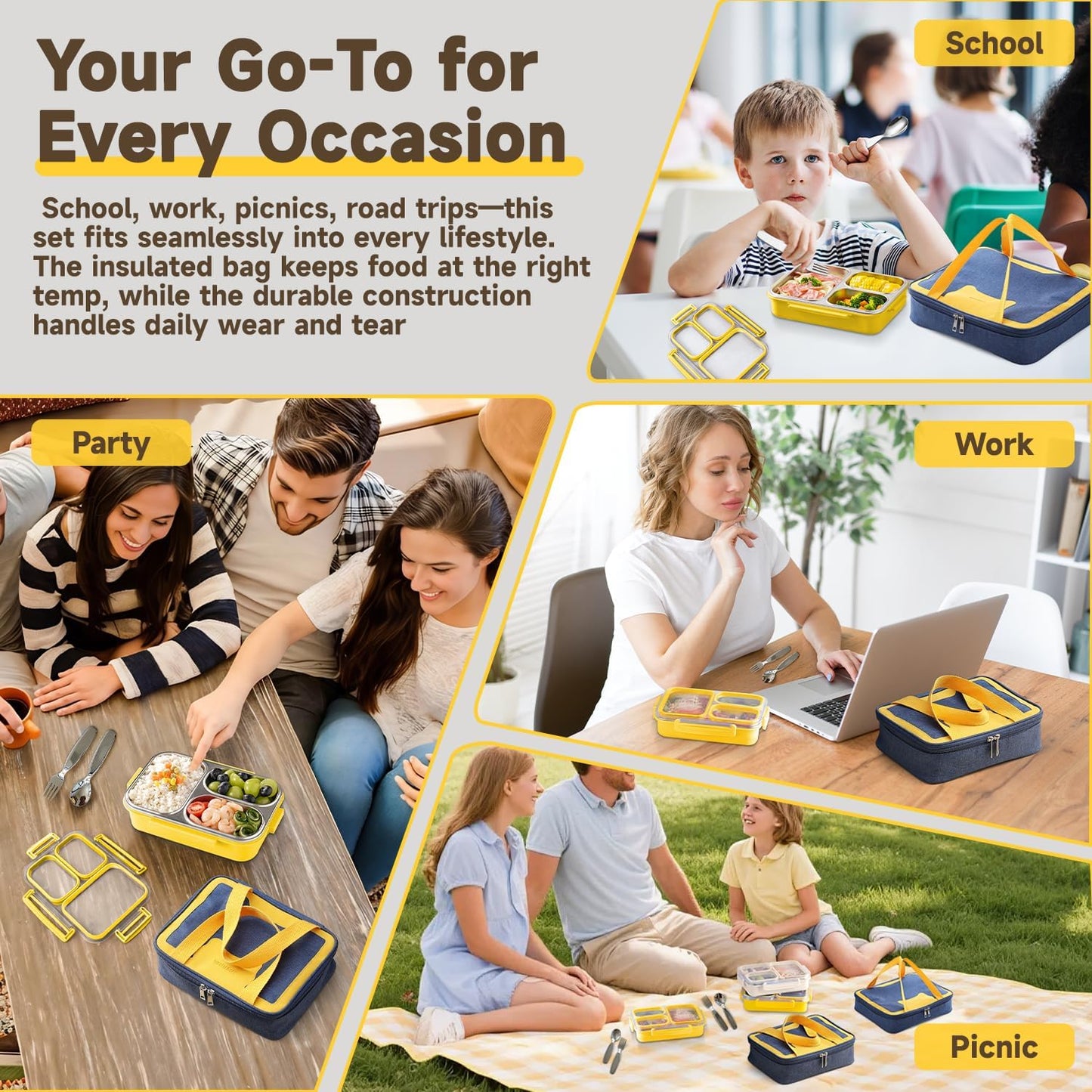 Stainless Steel Bento Lunch Box Set with Spoon, Fork & Insulated Lunch Bag, 25oz Leakproof Bento Box for Adults & Kids, Ideal for School, Home, Office, Picnic & Healthy meal prep containers (yellow)