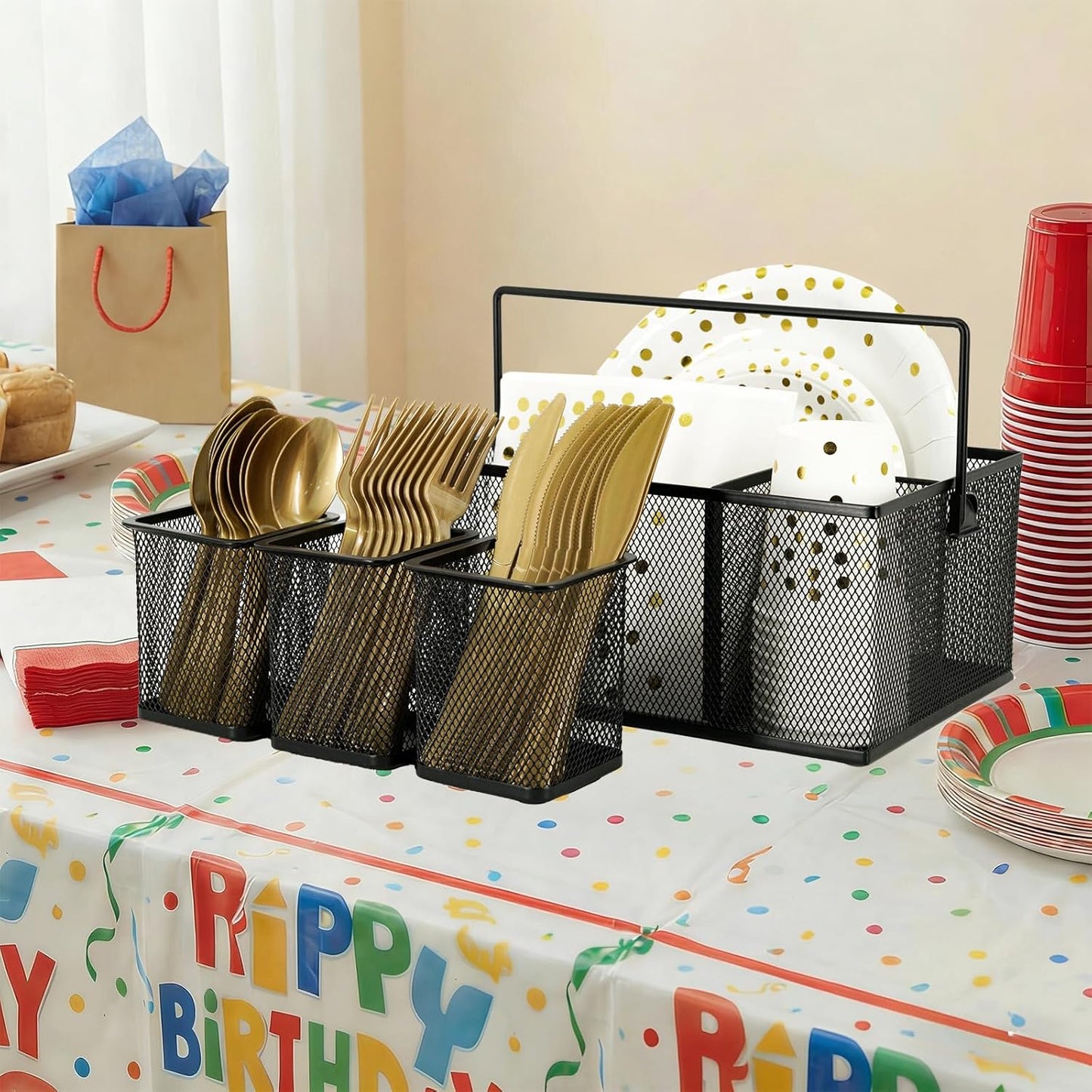 Neudeco Utensil Holder Set of 3, Black | Silverware Caddy, Portable Cutlery Storage & Paper Plate Organizer, Metal Mesh, Adjustable Dividers