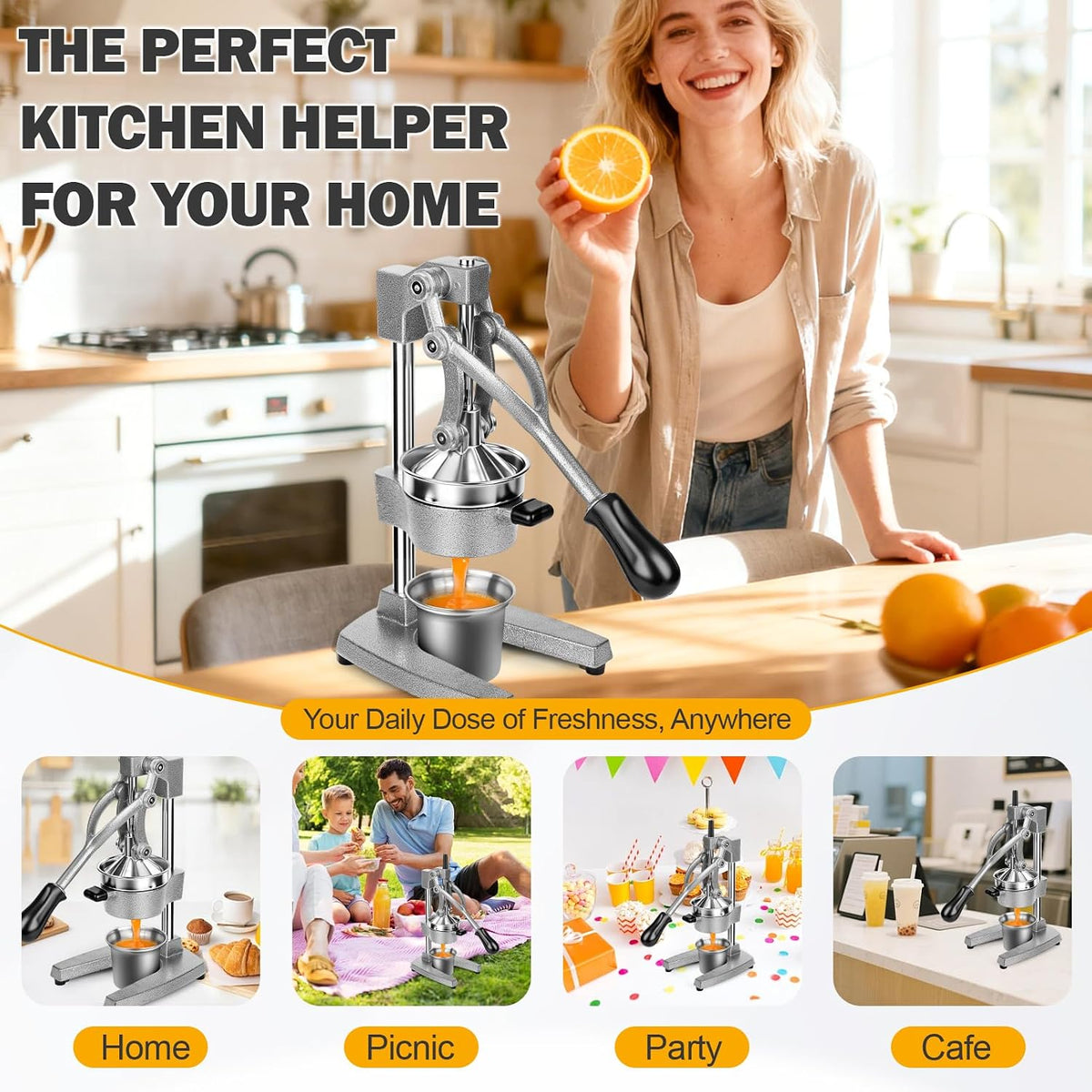 Lemon Squeezer Manual Citrus Juicer Press, Heavy Duty Cast Iron Orange Juicer with Stainless Steel Cone, Commercial Lever Juice Press for Lemon, Lime & Citrus Fruits, Easy to Clean