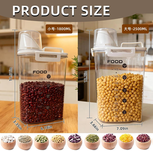 4-Pc Airtight Cereal Storage Containers Set(1.8L×2 & 2.5L×2), Cereal Containers Storage with Pour Spout & Measuring Cup, BPA-Free Plastic Canisters for Rice, Flour, Pet Food Kitchen Pantry