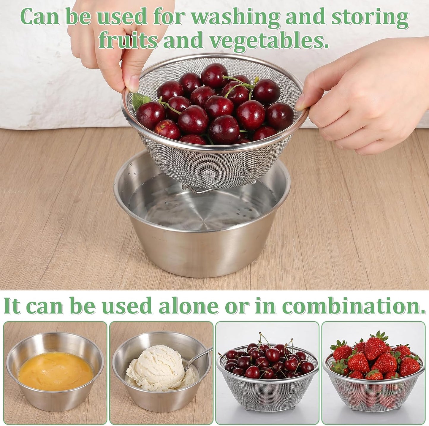 4 Pcs 304 Stainless Steel Colander with Mixing Bowl, Mini Rice Strainer with Bowl, Stainless Steel Small Mixing Colander for Kitchen Cooking, Washing Fruits and Vegetables(900ML & 600ML)