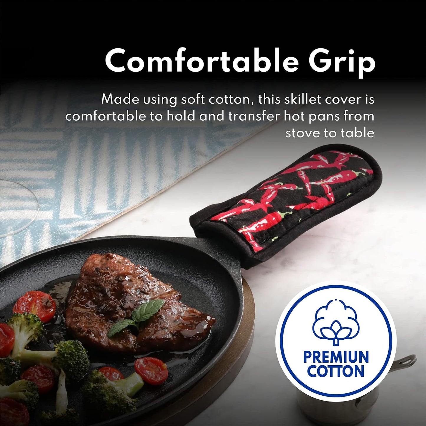 New Star Foodservice Commercial-Grade Hot Skillet Handle Cover Holder, Red Peppers Pan Cotton Handle Sleeve, Heat Resistant and Machine Washable, Set of 6