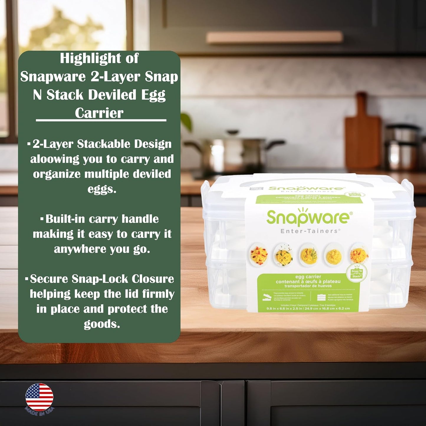 Snapware 2-Layer Snap N Stack Deviled Egg Container with Handle | Stackable Egg Carrier for Parties, Potlucks, Picnics & Holidays | Secure Latching Lid for Easy Transport & Storage – Made in USA