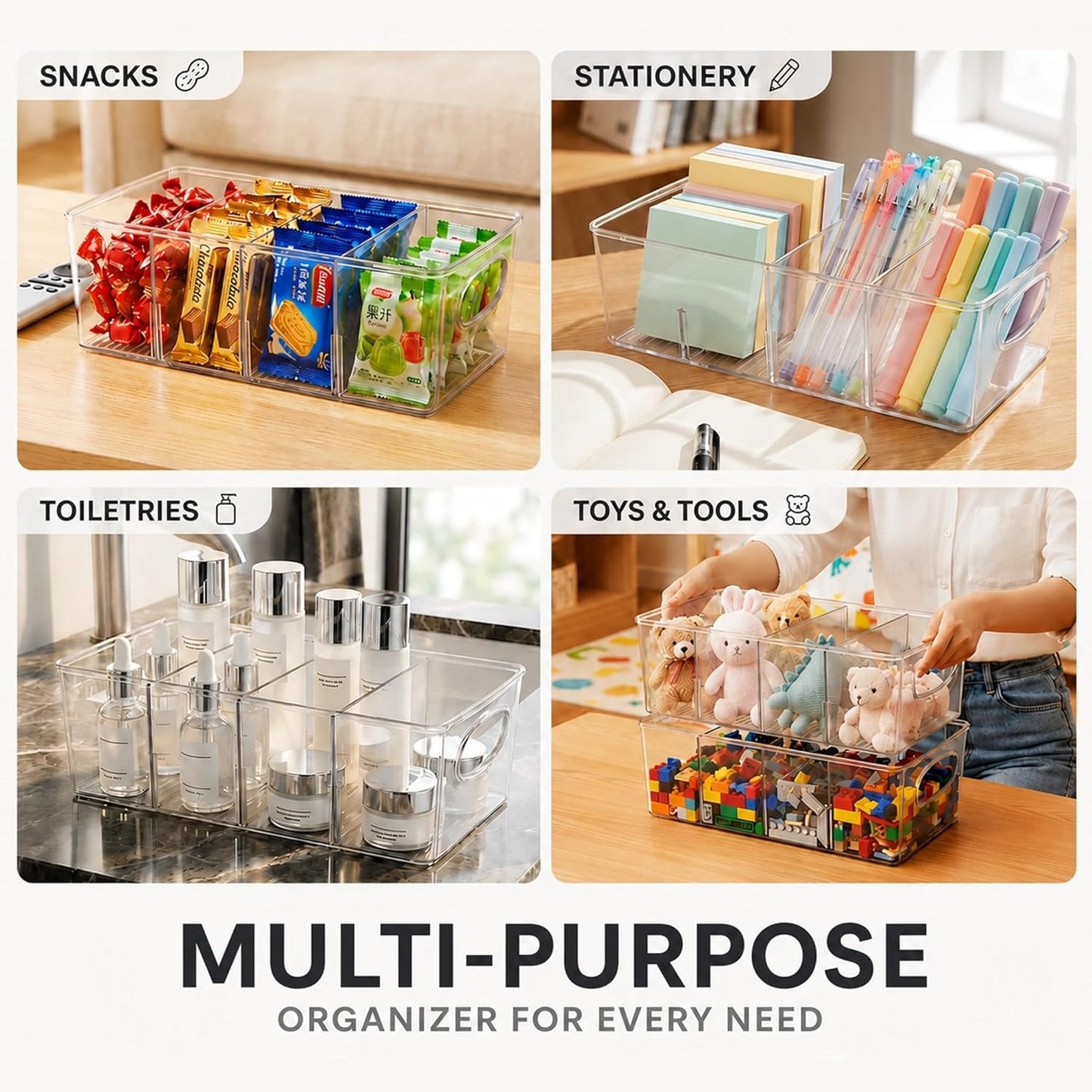 Clear Plastic Storage Bins with Removable Dividers – Pantry Snack Organizer, Kitchen Pantry Organizers and Storage, Snack Drawer Organizer, Fridge Organizer (2 Pack)