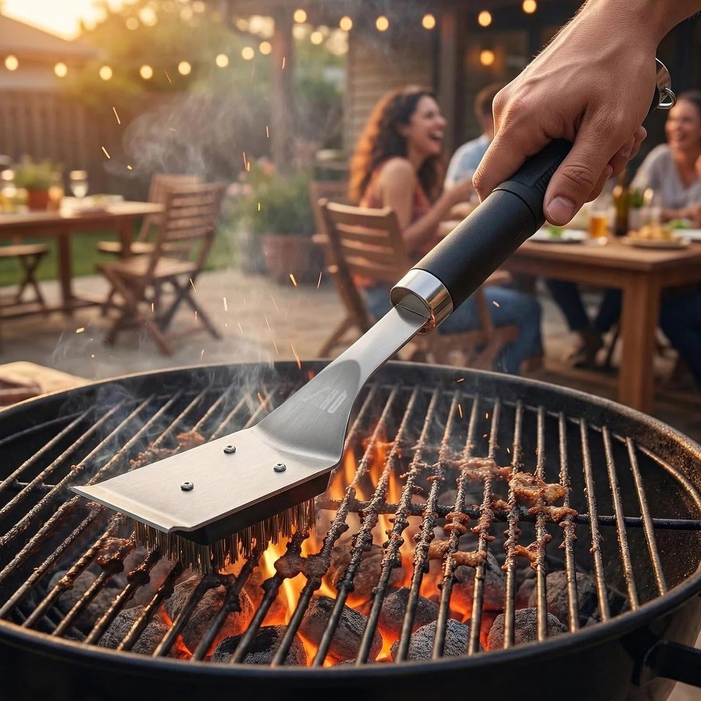 BBQ Grill Cleaning Brush with Scraper, 17'' Stainless Steel Grill Grate Cleaner with 2 Replaceable Stainless Steel Bristles Heads, Safe BBQ Accessories for Charcoal & Electric Grills