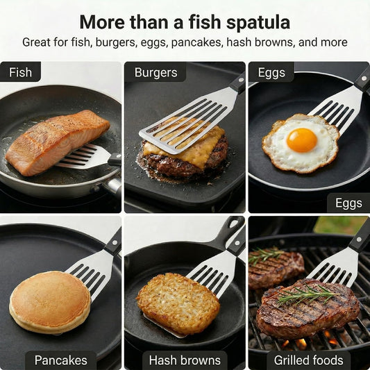 Fish Spatula, 12" Stainless Steel Slotted Turner for Cast Iron & Griddle | Firm 1.2 mm blade gives steady support for fish, burgers, eggs and pancakes; beveled front edge helps slide under food.