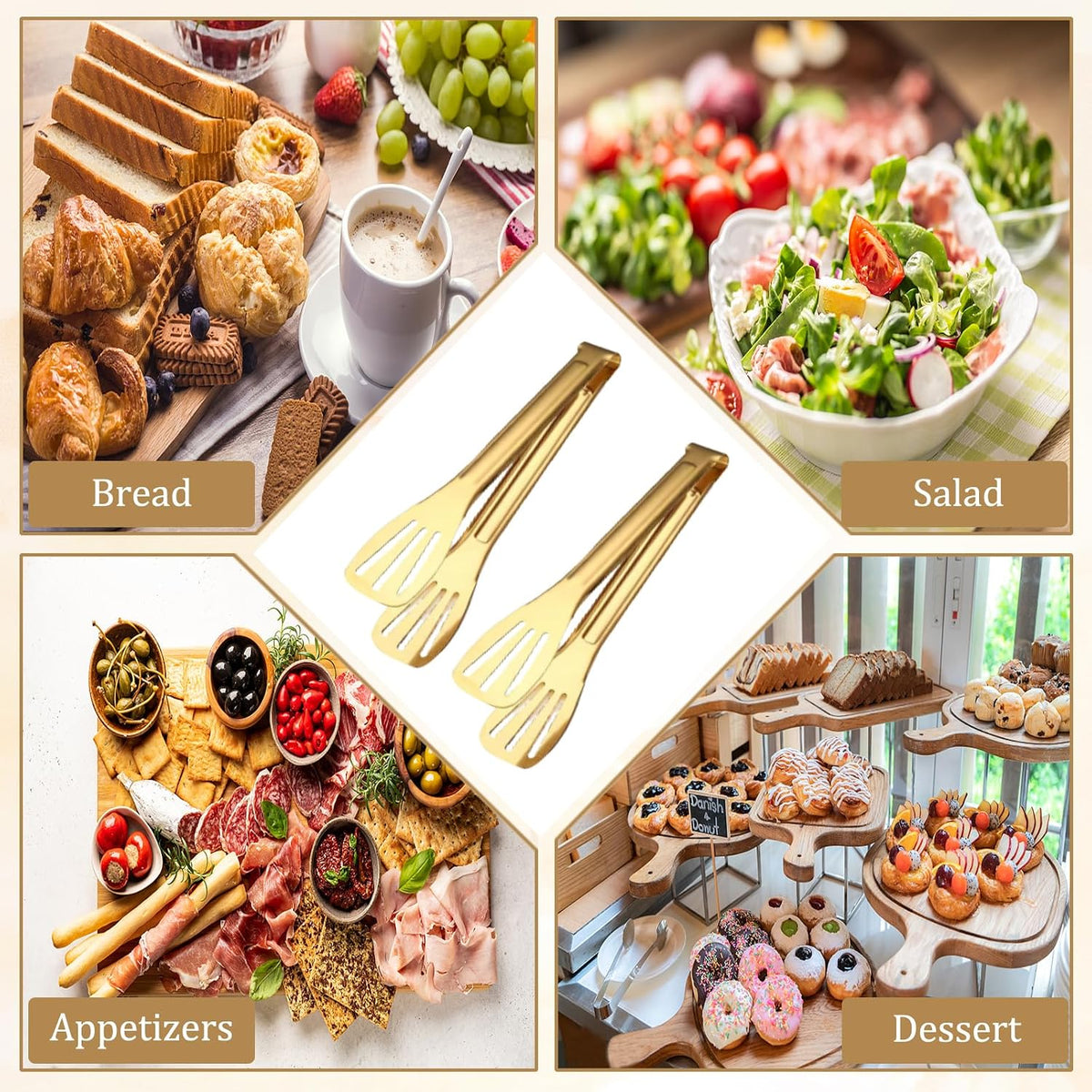 6 Pack Serving Tongs Kitchen Tong, 7 Inch Gold Buffet Tongs, Stainless Steel Food Tong Small Tong, Serving Tong for Buffet, Party, Salad, Appetizers
