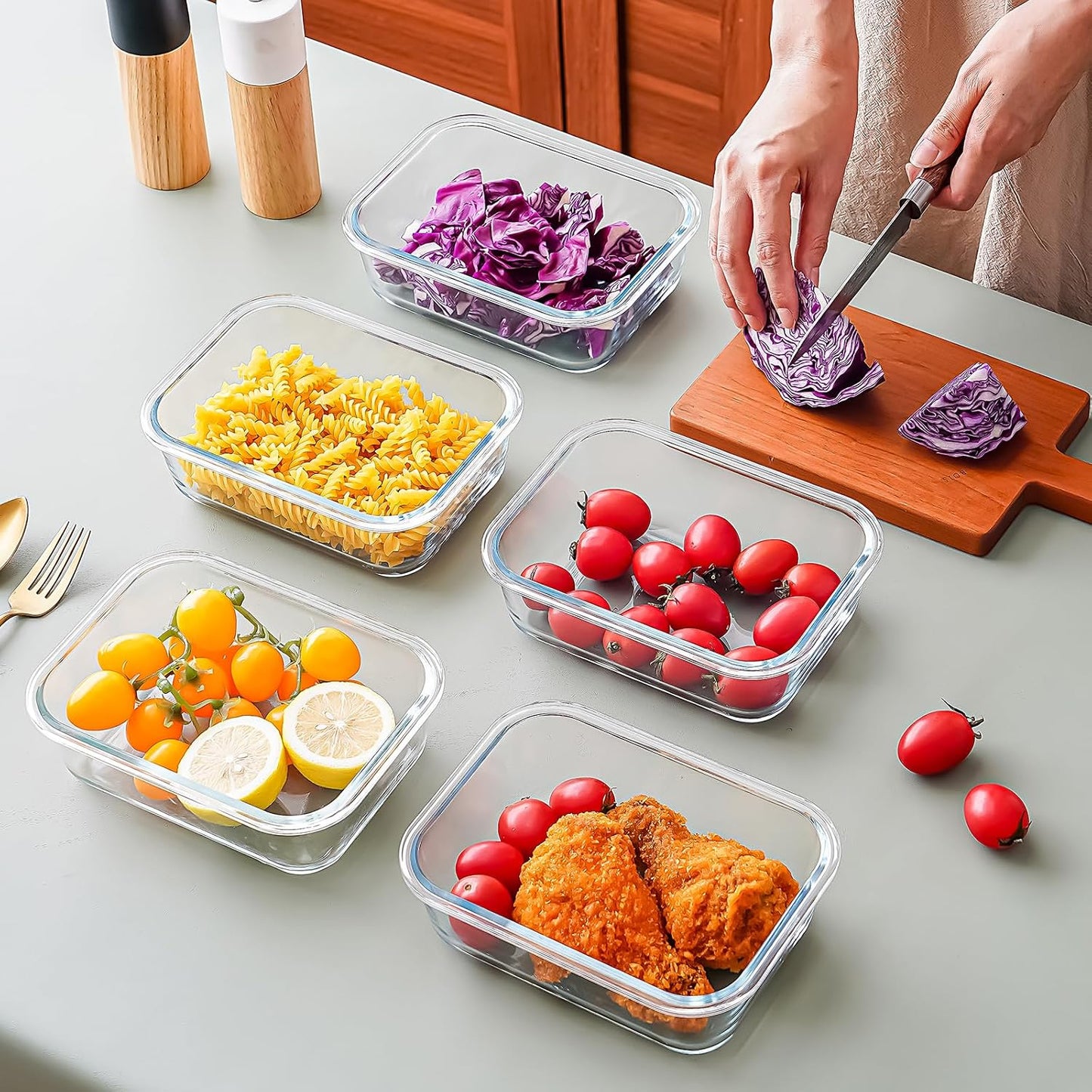 Glass Food Storage Containers with Airtight Lids, 5-Piece Set, Freezer Safe, Microwave Safe, Leak Proof