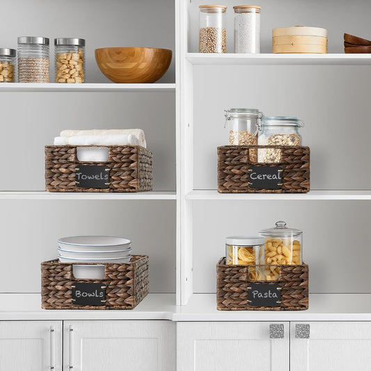 Casafield Set of 4 Water Hyacinth Pantry Baskets, 10" x 13" x 5", with Chalkboard Labels and Chalk Marker - Natural, Woven Storage Bin Organizers for Kitchen Shelves