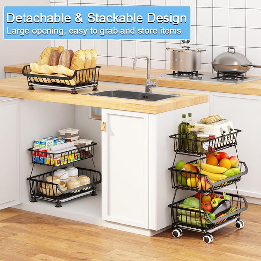 3-Tier Rolling Pantry Floor Organizer, Stackable Pantry Storage Cart with Wheels, Metal Wire Pantry Baskets, Kitchen Fruit Basket Stand, Vegetable Storage Rack for Fruits Snacks Onions Potatoes,1 Pack