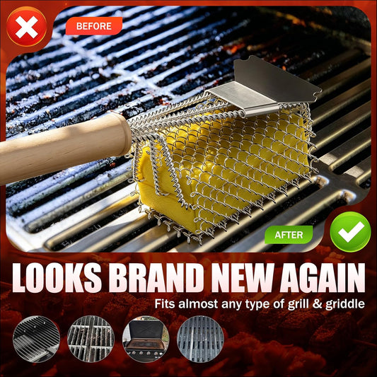 Bristle-Free Grill Brush with Scraper - Safe Steam Clean BBQ Brush with 18" Heat-Resistant Handle, 304 Stainless Locked-Core Mesh Head & HD Scraper | No Loose Wires Design | Grill Grate Cleaner Tool