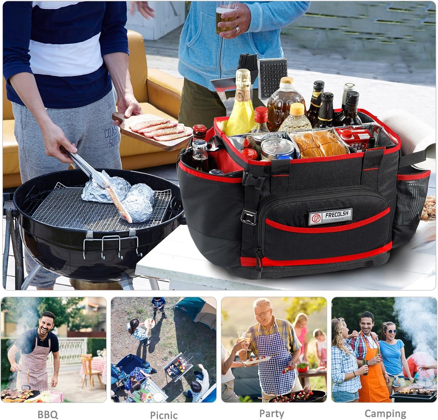 Large BBQ Organizer with Molded Hard Base, Compatible with Blackstone Outdoor Utensil Bag for Camping, Picnic & Tailgating, Portable Cooking Accessories Tote, Gift for Men