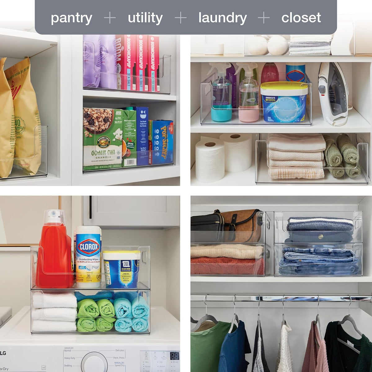 Open Front Pantry Cabinet Stacking Storage Home Bin 16x10x6 4 Pack | Stackable Strong,Heavy Duty, Made in USA