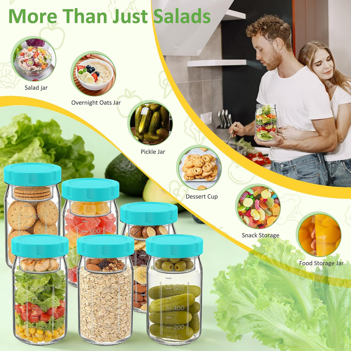 4Pack Glass Salad Jars with Lids, 32oz Salads Mason Jars with Wet/Dry Separation Cup, Meal Prep Salad Containers for Lunch, Leakproof Wide Mouth Food Storage Containers, BPA-Free Reusable (Black)