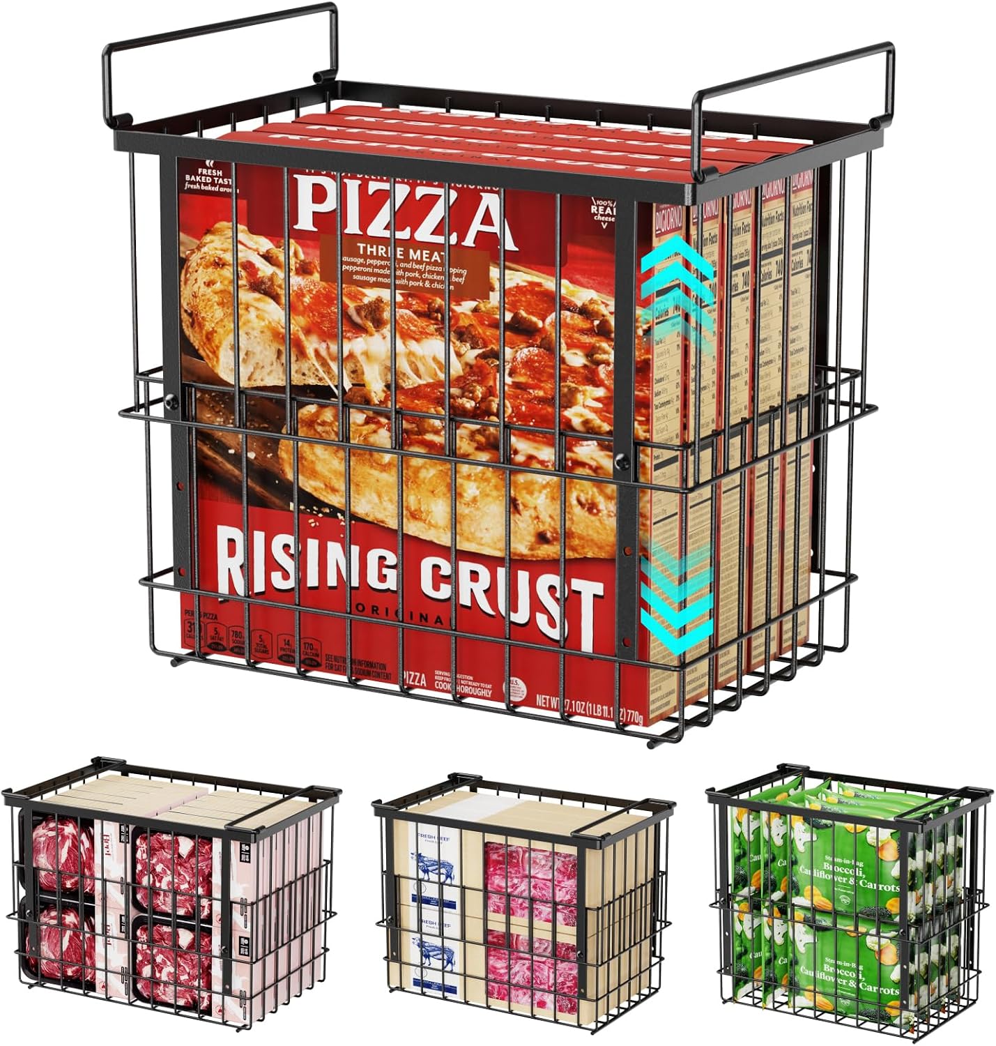 iSPECLE Deep Freezer Organizer Bins - Height-Adjustable Fit 12" Pizza, 2Pcs | Extra Large, Stackable For 5 to 7 Cu. Ft Chest Freezers, Easily Sort and Get Frozen Foods with Handles, No Digging, Black