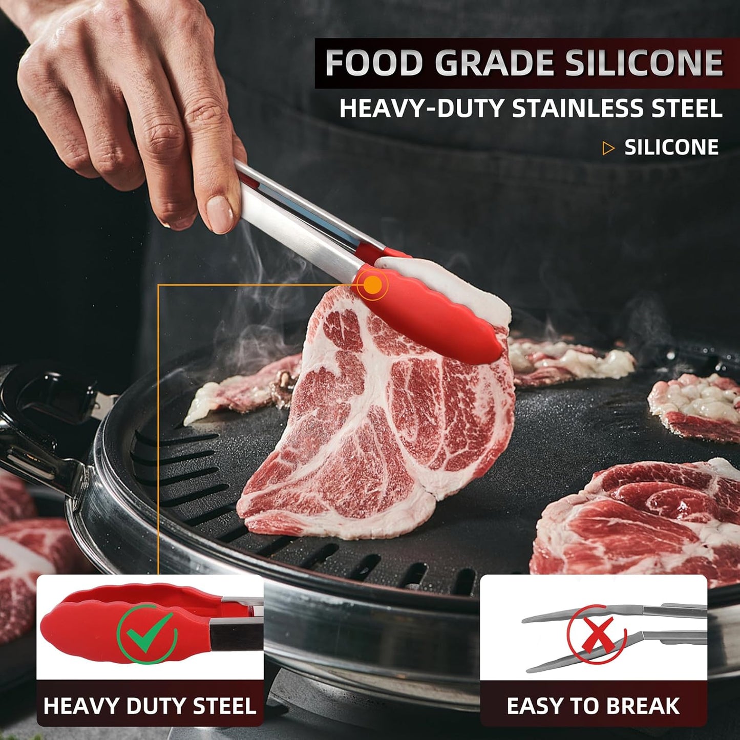 Pack of 3 Stainless Steel Kitchen Tongs with Silicone Tips – Non-Stick Cooking, Grilling & BBQ Tongs for Serving, Dishwasher Safe, 7", 9" & 12", Black