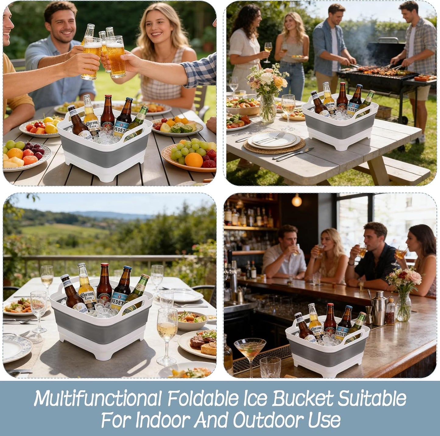 2 Pcs Ice Buckets for Parties, Collapsible Beverage Tub Beer Ice Buckets Drink Cooler, Space Saving Ice Storage Tub Ice Cube Bin and 2 Scoop for Champagne Beer Sparkling Wine Cocktails