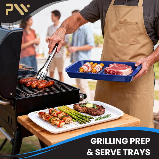 Grill Prep Trays Set of 2, Large Melamine Grilling Prep and Serve Trays with Deep Raised Edges for BBQ Meat Prep, Marinating & Serving, BPA Free