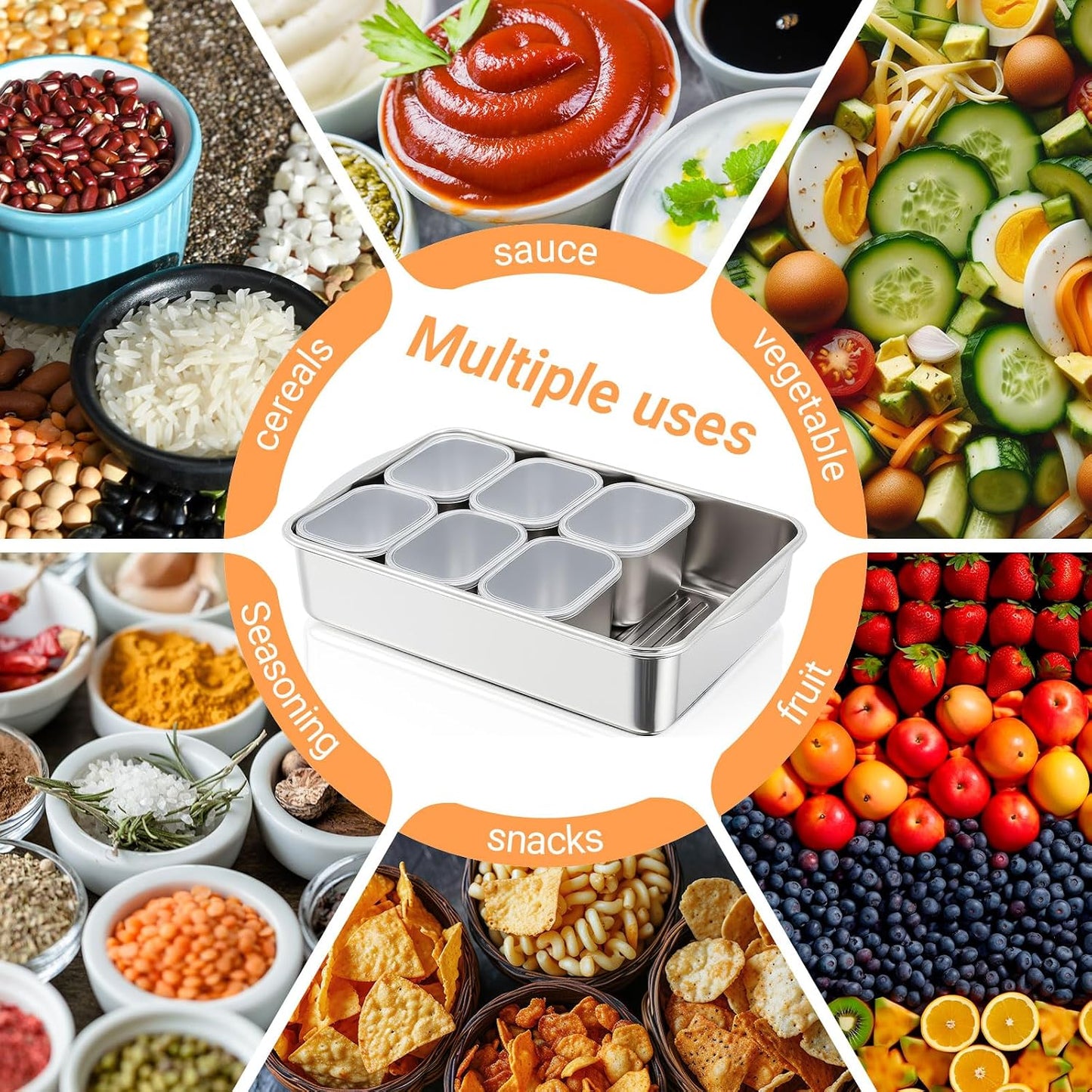 SiliFine Stainless Steel Snackle Box Container, 8 Compartment Divided Serving Tray with Lid and Handle, Portable Snack Platters Storage Organizer for Fruit Candy Nuts Veggie Travel Party Picnic