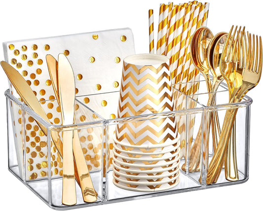 Amazing Abby - Felicia - Plastic Flatware Organizer, 5-Compartment Utensil Holder, Paper Plate Holder, Cutlery and Silverware Storage for Countertop, Perfect Storage Solution for Home and Restaurant