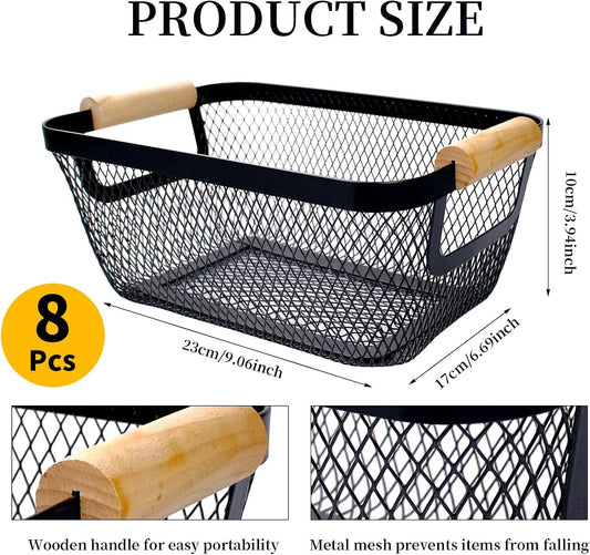 8 Pcs Black Wire Basket with Wooden Handle Metal Mesh Baskets for Pantry Storage Snack Organizer for Kitchen Cabinet Bathroom Fridge Fruit Makeup Office