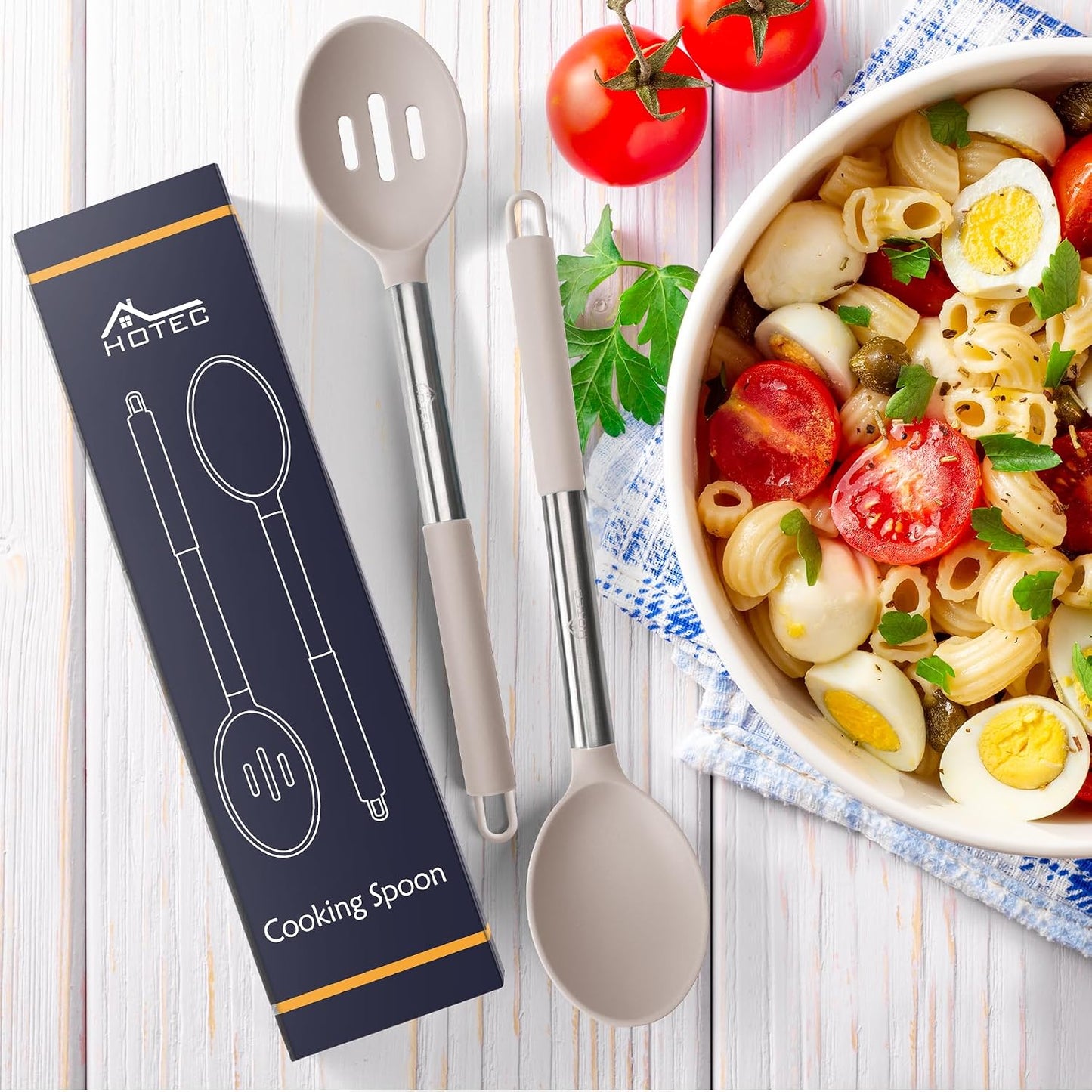 HOTEC 446°F Heat Resistant Large Silicone Cooking Spoon, BPA Free Solid Slotted Spoons, Nonstick Kitchen Cookware Utensils, Mixing, Serving, Stiring Large Spoons, Black
