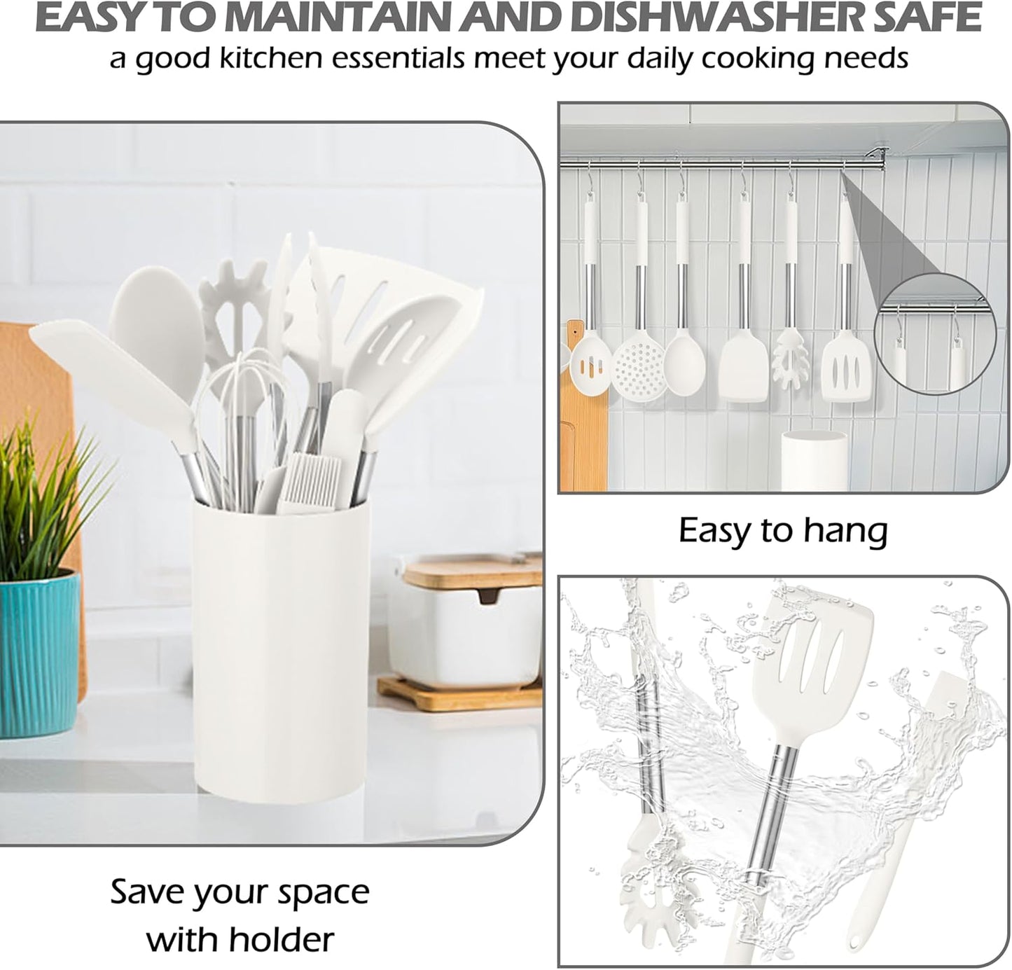 HaWare 29 PCS Silicone Cooking Utensils Set, Heat Resistant Kitchen Utensils Set with Stainless Steel Handle, Spatula Sets with Holder and Hooks, Kitchen Tools Gadgets for Nonstick Cookware -Khaki