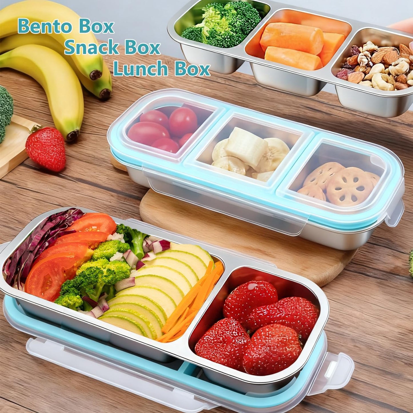 Snack Containers with Airtight Lids Reusable Stainless Steel 3-Compartment Metal Bento Lunch Box for Adults, Divided Food Storage Lunchable Meal Prep Containers, Snack Box with Spoon Sauce Jar