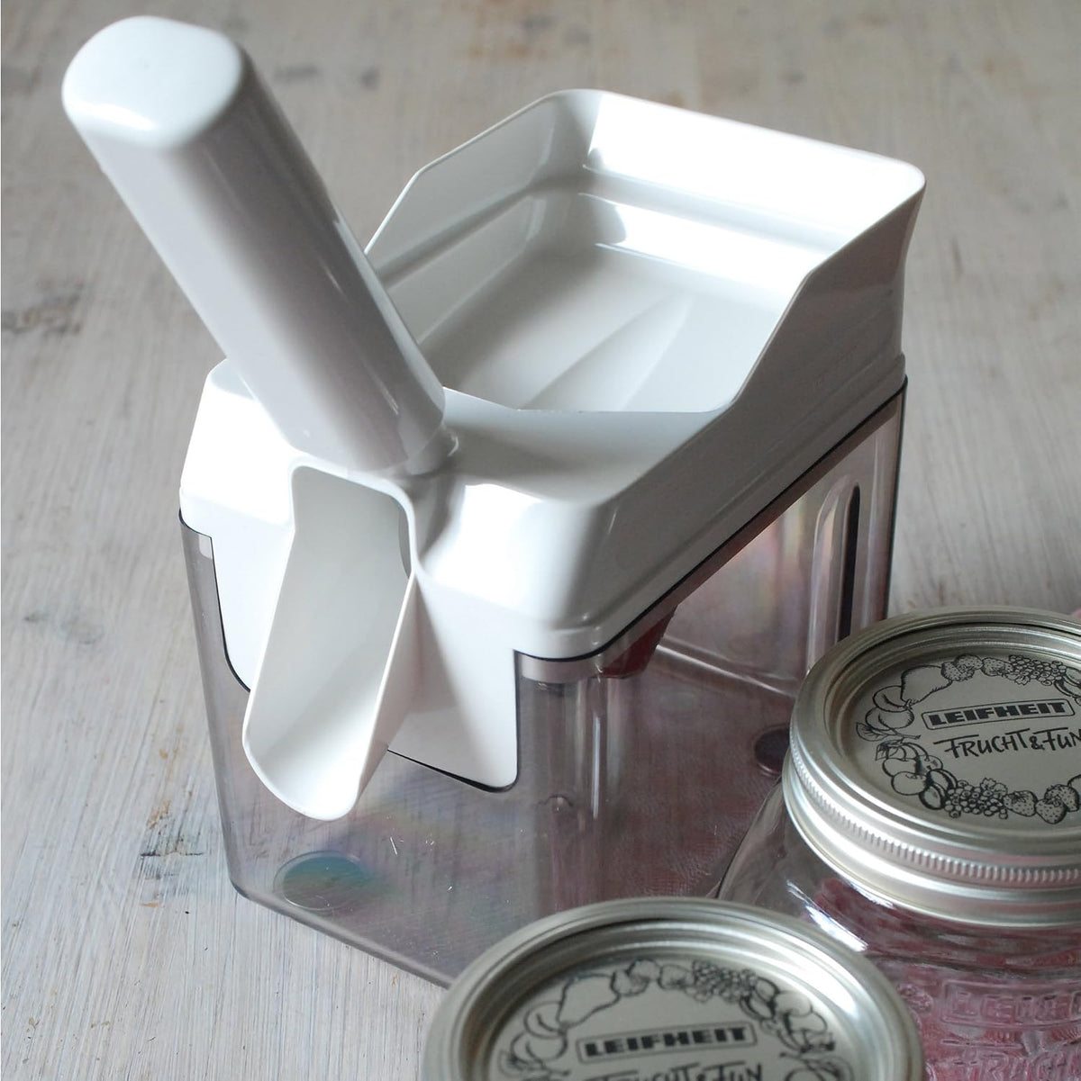 Leifheit Cherry Stoner Remover – Stainless Steel Plunger Pits 25 Lbs/Hour, Easy-Clean Container, Dishwasher Safe, Ideal for Pies, Canning, Snacking, German Design, Replacement Parts – White