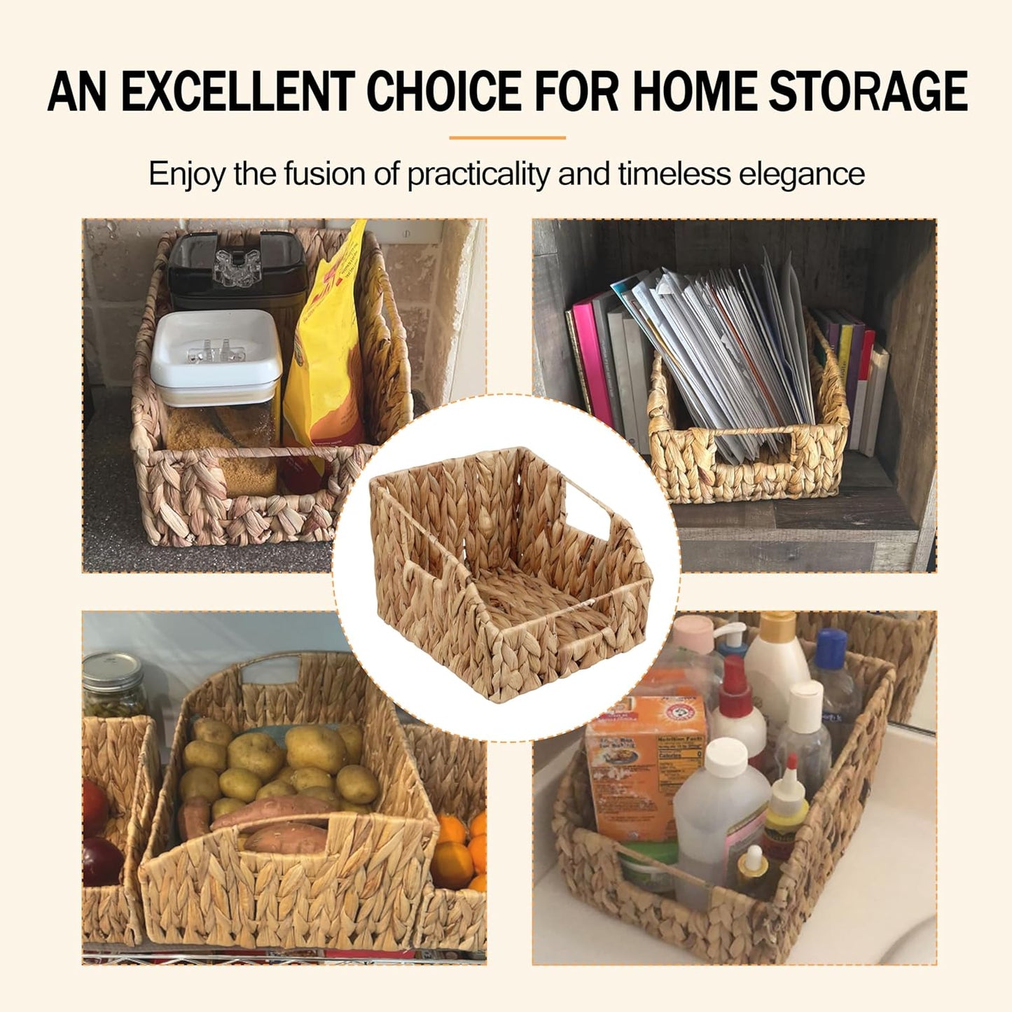 Pantry Baskets for Organizing, Wicker Basket with Built-in Handles, Handwoven Wicker Storage Baskets, Natural Water Hyacinth Storage Baskets,for Bedroom Shelves Bathroom Laundry Room or Kitchen(1PACK)