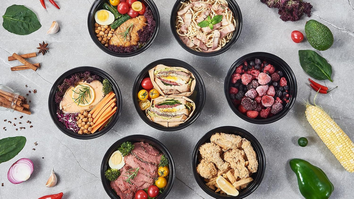 FULING 32 oz 50 ct Round Meal Prep Containers with Lids Plastic Food Storage Lunch Plan To Go Box Disposable Take Out Bowls Black BPA Free Reusable Durable Stackable Microwave Freezer Dishwasher Safe