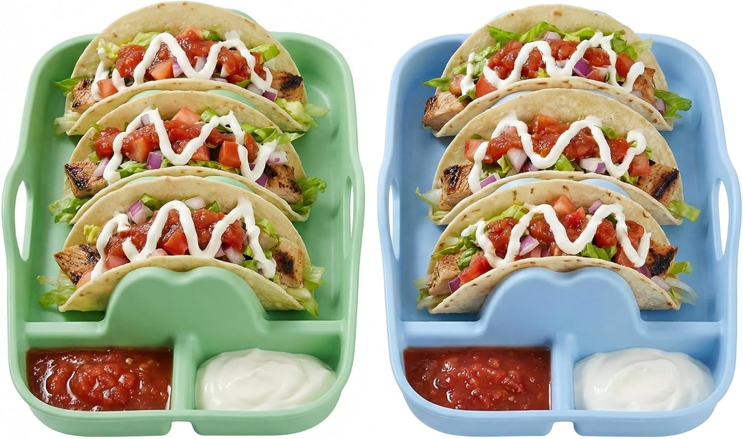Li&Zhao Silicone Taco Holders Set of 2 - Reusable Taco Plates with Sauce Compartments, Microwave Safe, for Kitchen, Party, Fiesta,Soft Shell Tacos, Serving Taco Tray with Handle