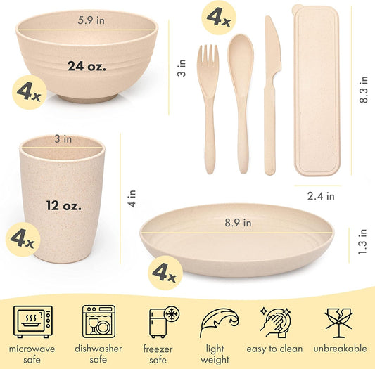 FOODLE Wheat Straw Dinnerware Set - BPA Free & Safety Tested - Microwave & Dishwasher Safe Dishes - Perfect for Camping, Picnic, RV, Dorm - Plates, Cups and Bowls - Great for Kids & Adults - For 4