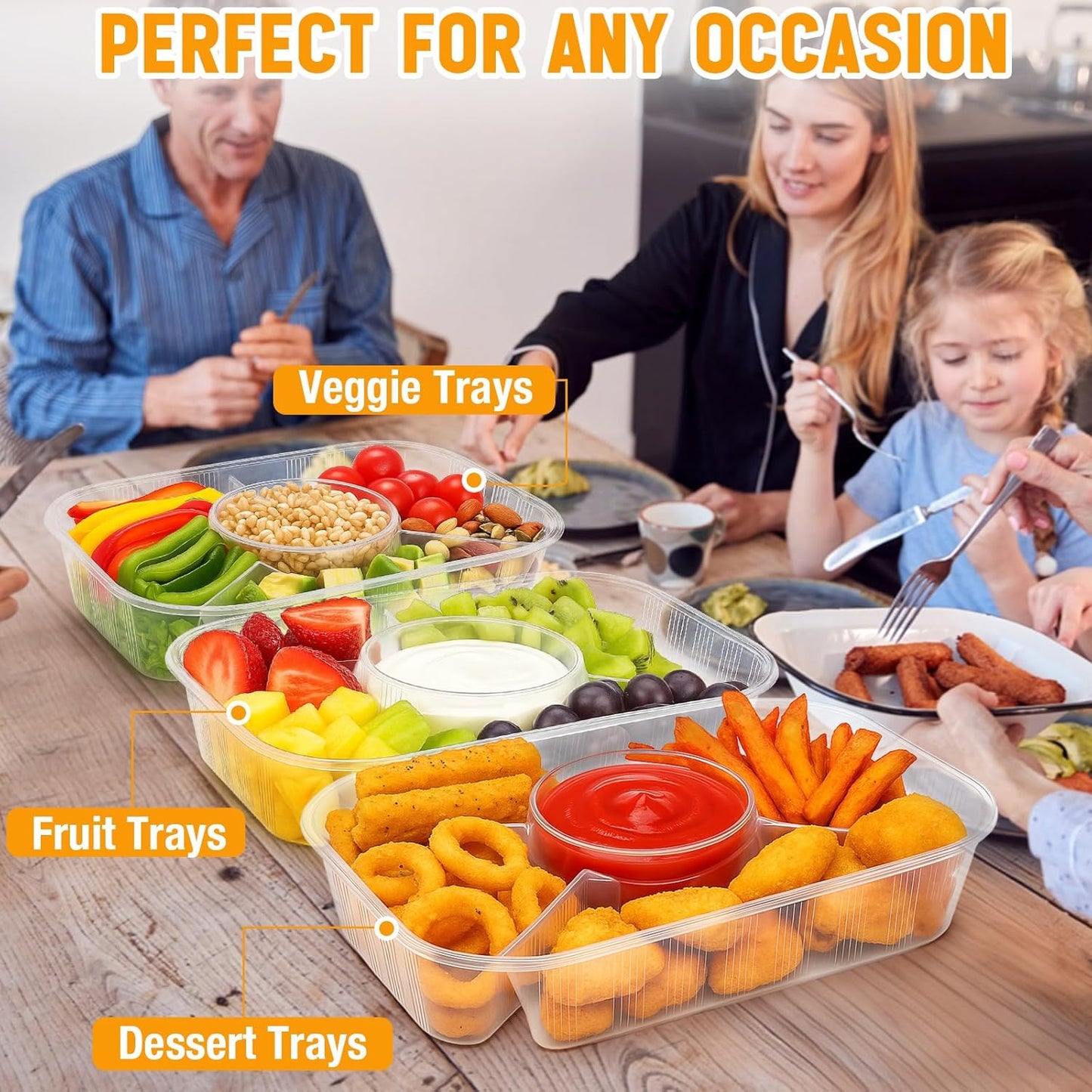Shellwei 4 Pcs Jumbo Veggie Tray 15.6" x 11.2" x 3" Chip and Dip Platter Nacho Tray Disposable Catering Trays with Lids Divided for Veggie, Charcuterie, Taco, Salad in Party/Buffet/Travel (No Lid)
