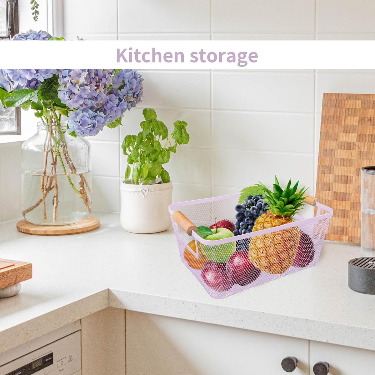2Pack Metal Mesh Steel Basket with Bamboo Handle - Wire Metal Basket for Kitchen Organization, 12" Wide Food Organizer Bin, Perfect for Organizing Bulk Pantry (WHITE)