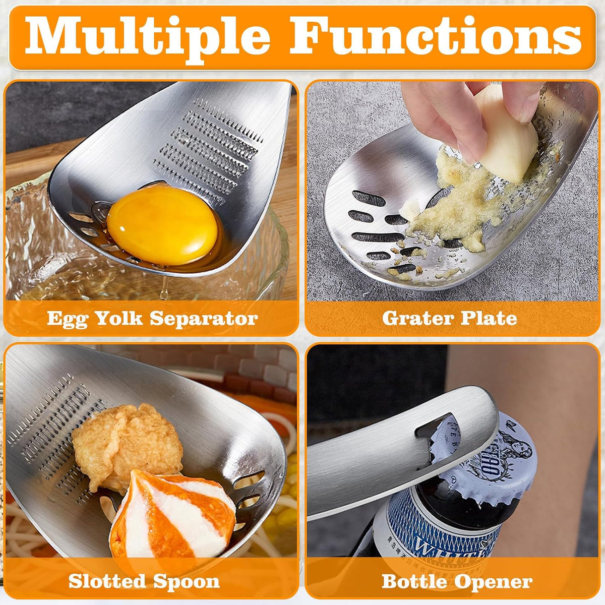 5 in 1 Multifunctional Cooking Spoon, 304 Stainless Steel Egg Yolk Separator for Raw Eggs, Potato Masher, Food Grater Plate, Slotted Spoon, and Bottle Opener - Heavy Duty Kitchen Utensil