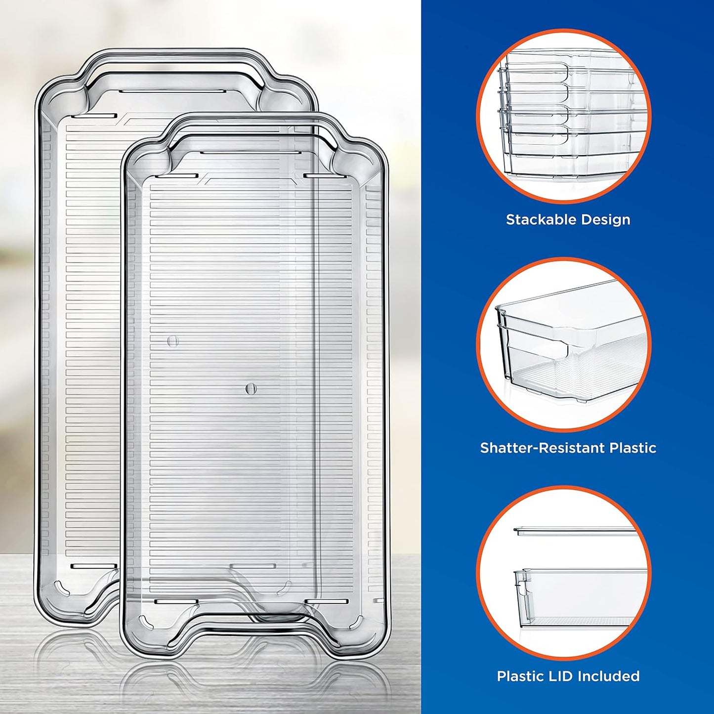 NutriChef Refrigerator Organizer Bins 6-Piece - Plastic Storage Bins with Egg Holder - For Fridge, Freezer, Kitchen, Cabinet, Countertops, Pantry - Stackable Food & Drink Containers, 14.5"x7" - Clear