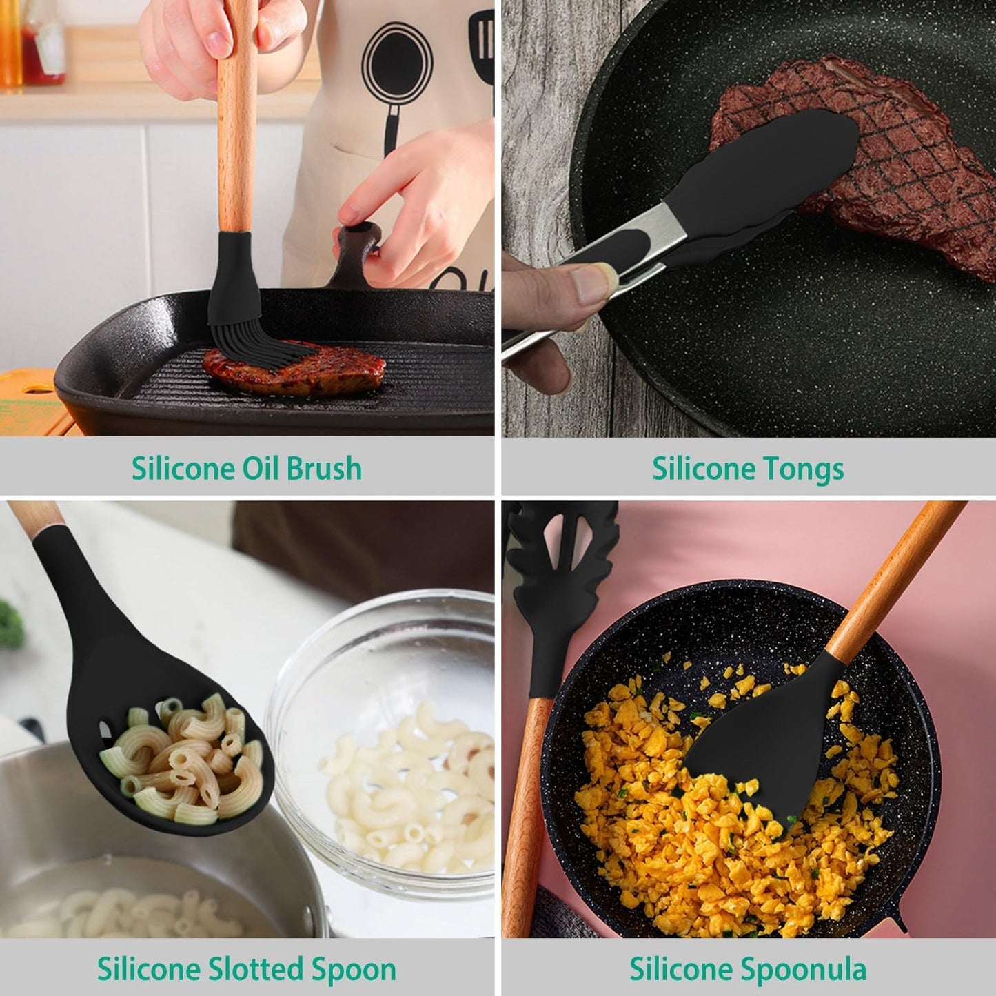 11-Piece Heat-Resistant Silicone Utensil Set with Wooden Handles & Holder — Spatula, Ladle, Tongs, Spaghetti Server, Whisk, Spoon, Carbon-Steel Core, Nonstick-Safe Kitchen Tools