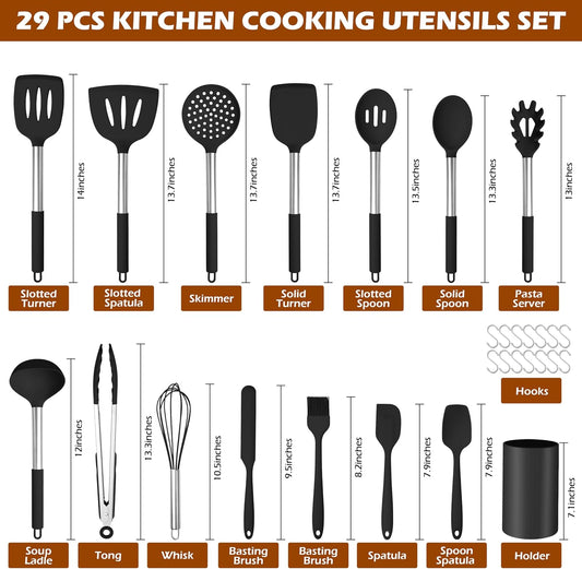 HaWare 29 PCS Silicone Cooking Utensils Set, Heat Resistant Kitchen Utensils Set with Stainless Steel Handle, Spatula Sets with Holder and Hooks, Kitchen Tools Gadgets for Nonstick Cookware -Khaki