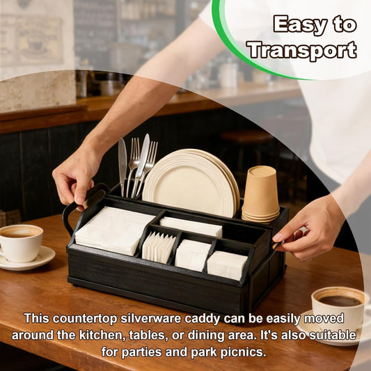 Large Kitchen Utensil Holder Caddy, 6 Compartments Wooden Utensils Organizer for Cooking Utensils, Silverware, Paper Plate, Spoon, Fork, Cutlery Storage on Kitchen Countertop for Party Hosting