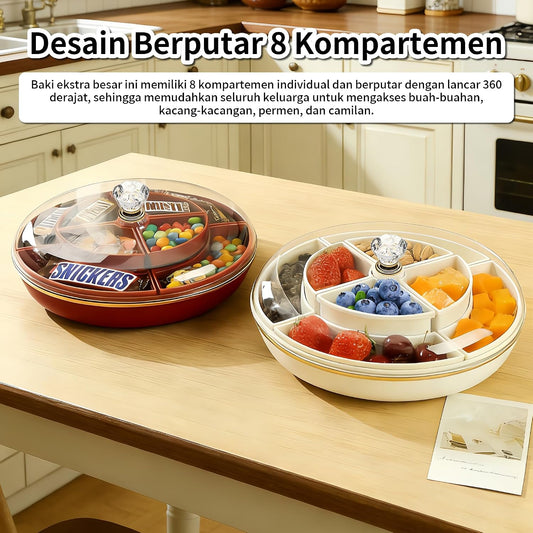 Large 8-Compartment Rotating Snack Tray with Lid, Food Grade PP Divided Serving Tray with Removable Dividers, 360° Spin for Party, Fridge Storage, Fruits & Nuts (Cream White)