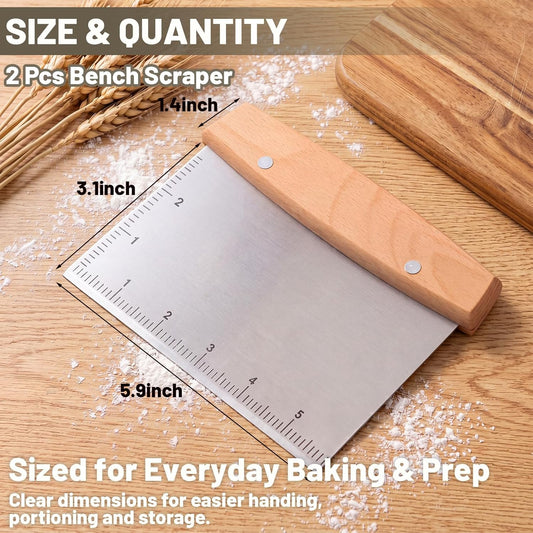 Chumia 2 Pcs Bench Scraper Stainless Steel Dough Cutter with Measurement Marks and Wooden Handle Multipurpose Bread Pizza Food Griddle Scraper Dishwasher Safe for Baking Cooking Pastry Cake