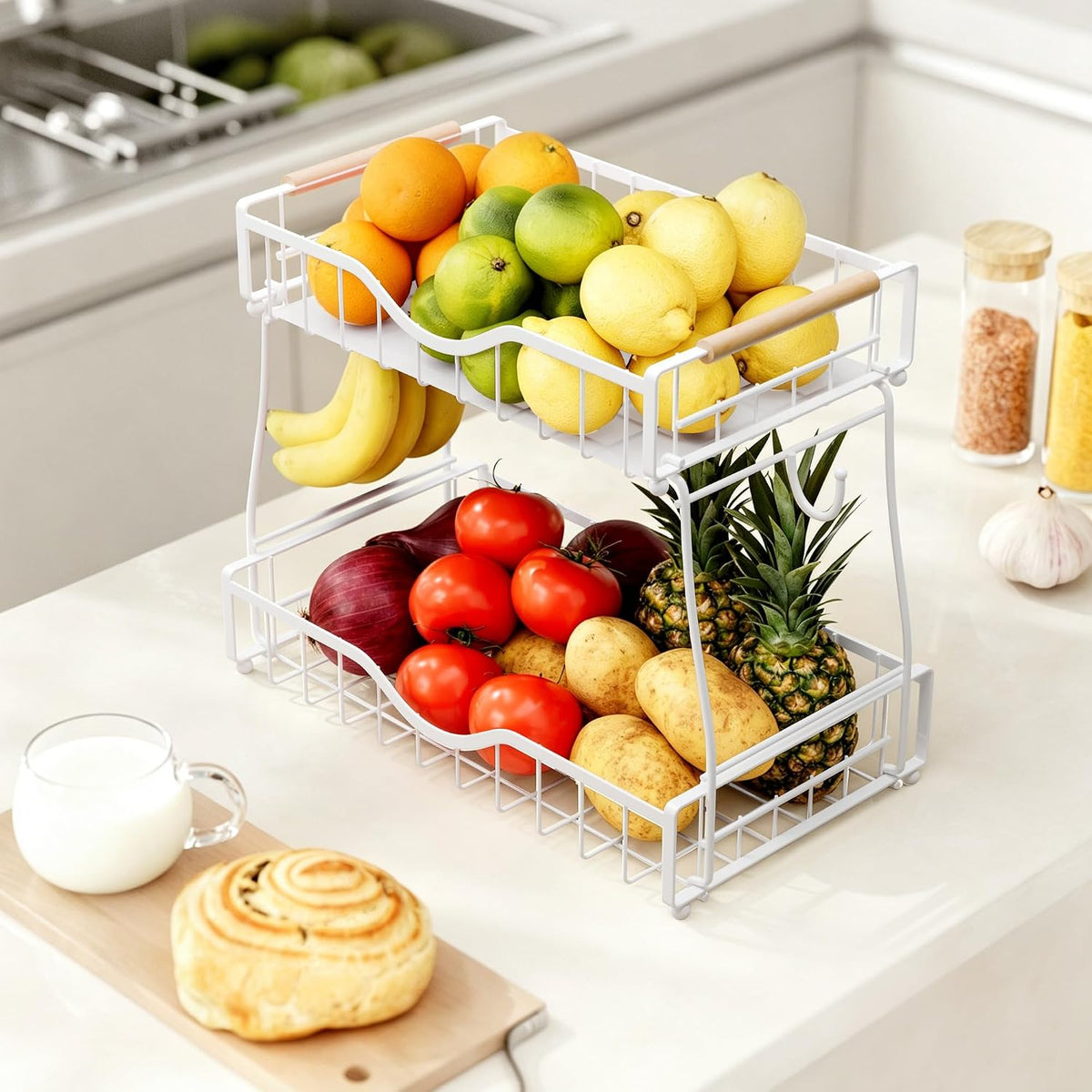 3 Tier Fruit Basket for Kitchen Countertop with 2 Banana Hangers,Detachable Metal Fruit Bowl with Wooden Handles and Protective Pads,Large Capacity Fruit and Vegetable Basket Organizer,Black