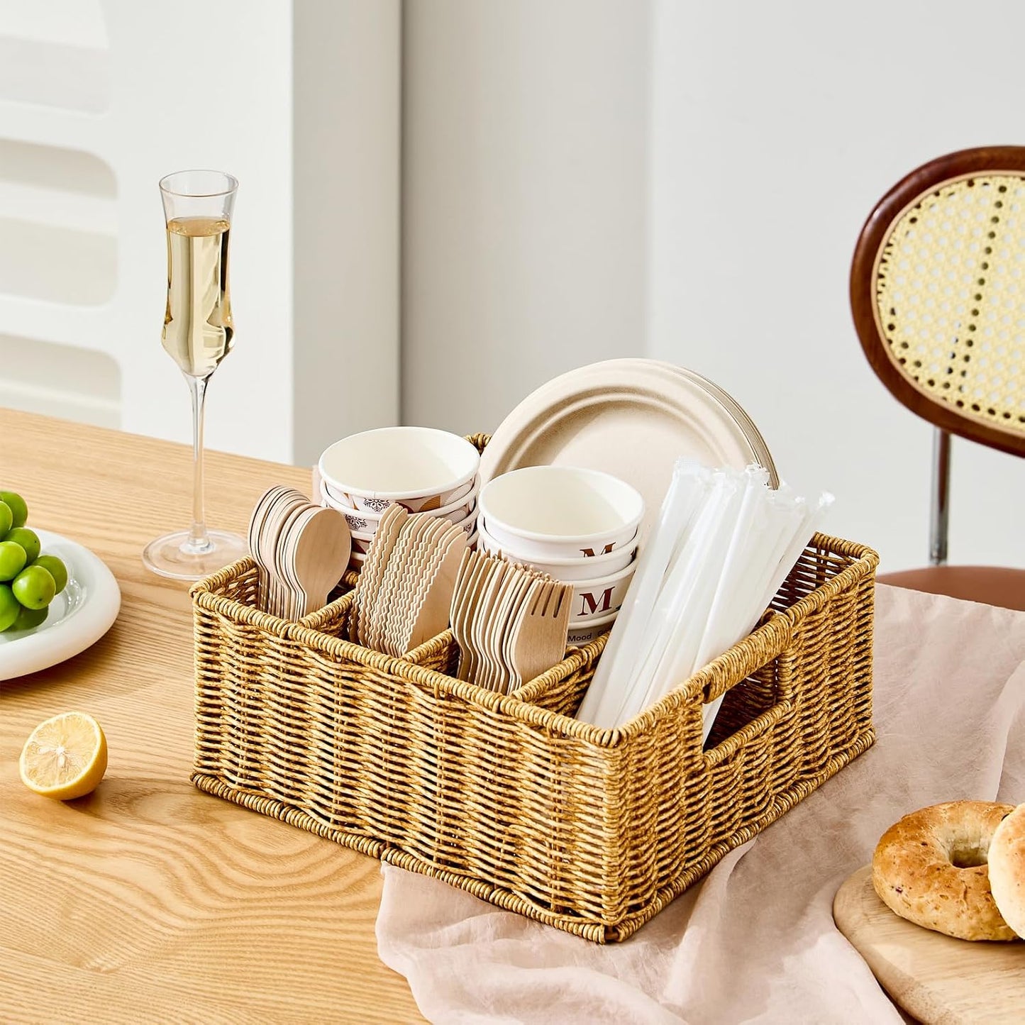 Berdeng Utensil Holder for Party, Paper Plate Dispenser for Countertop, Silverware Caddy for Picnic, Cutlery Holder for Kitchen Camping Buffet, Wicker Basket with 6 Compartments