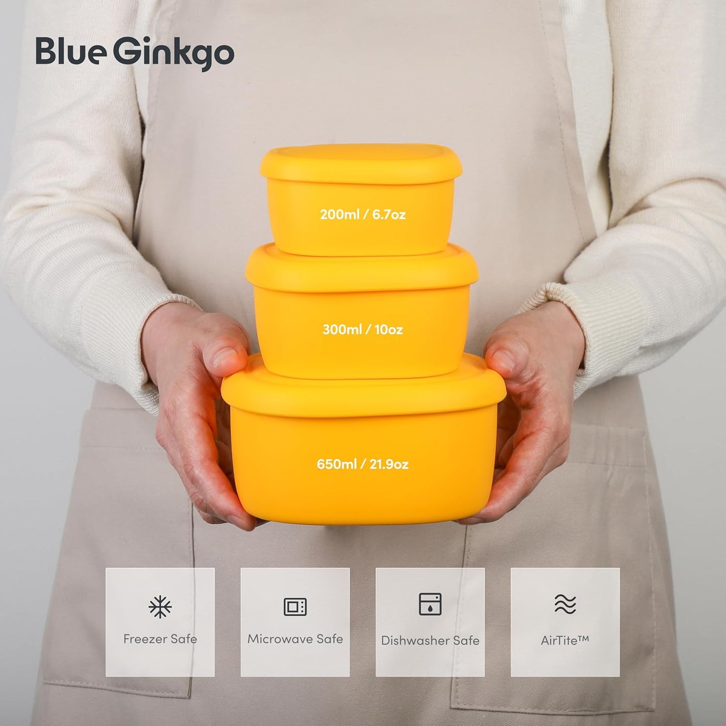 BLUE GINKGO Nesting Silicone Containers - Set of 3 Hard-Shell Silicone Food Storage Containers | BPA Free, Airtight, Dishwasher and Freezer Safe (6.7oz, 10oz, 20oz) - Green