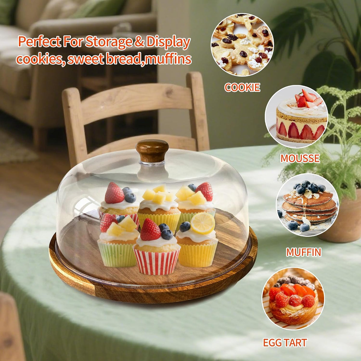Acacia-Wood-Cake-Stand With Acrylic Lid, Rectangular Cake Plates Charcuterie Board With Cover, 2-in-1 Cake Holder With Dome,Dessert Table Display Stand For Cheese, Chips & Dips, Nachos, Fruit Platter